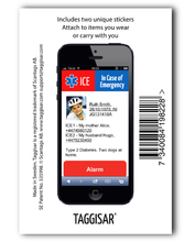 Load image into Gallery viewer, Klistermärken med In Case of Emergency (ICE) information (2 st)